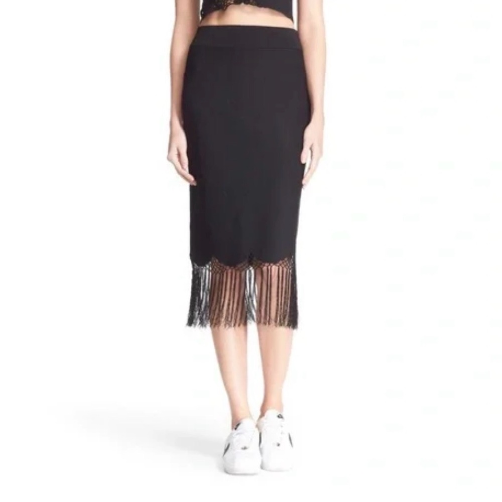 A.L.C Scalloped Black Fringe Hem Pencil Bodycon High Waisted Tassel Skirt